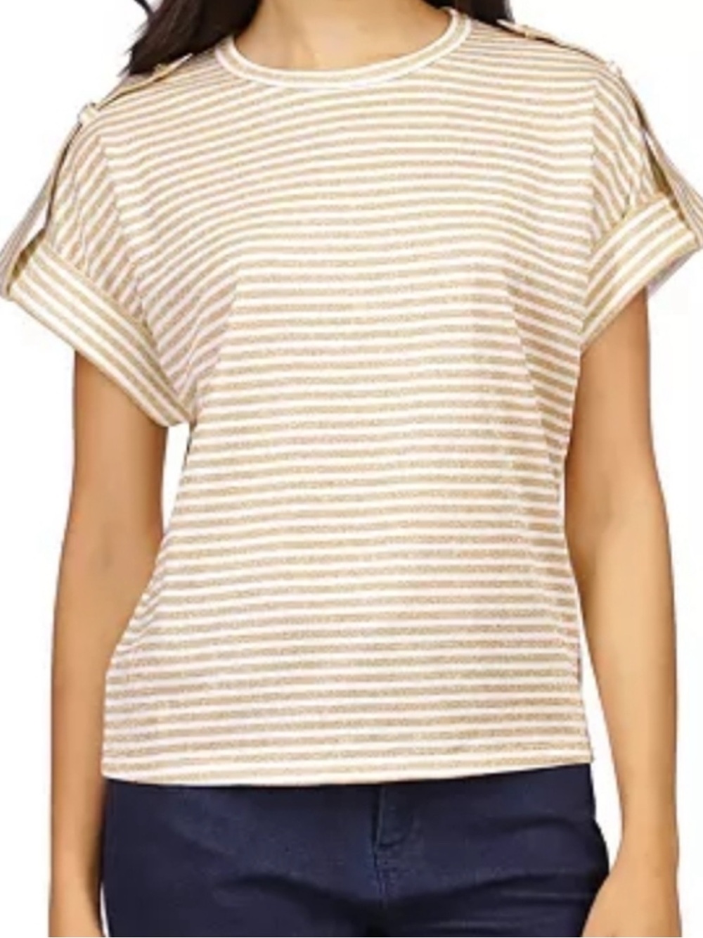 Michael Kors Cream and Gold Striped Short Sleeve Tee with Shoulder Button Detail